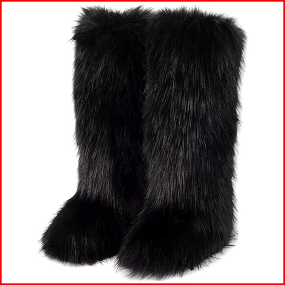 Women's Faux Fur Knee High Snow Boots Winter Warm Fluffy Flat Boots